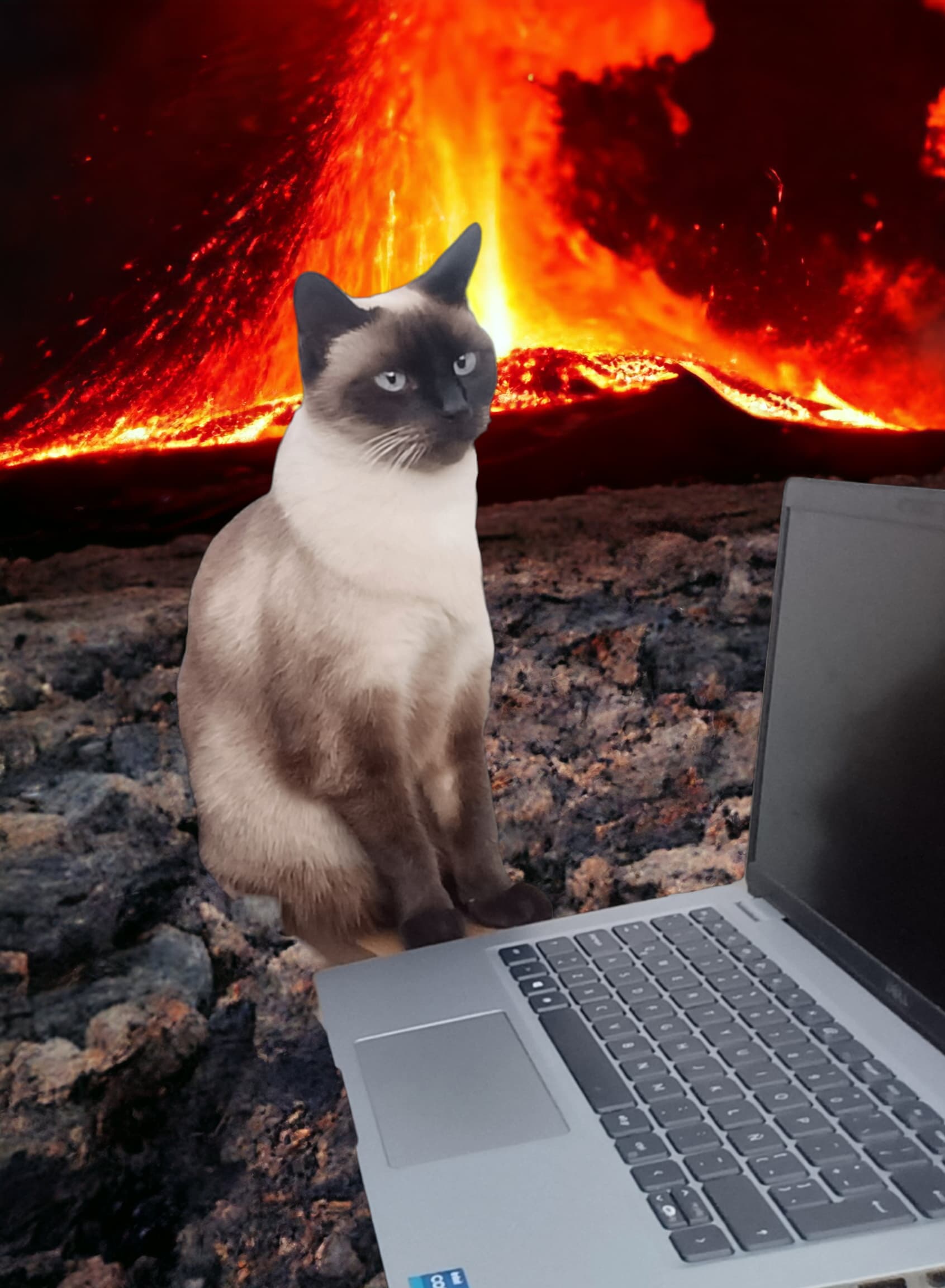 gato con laptop y volcan de fondo