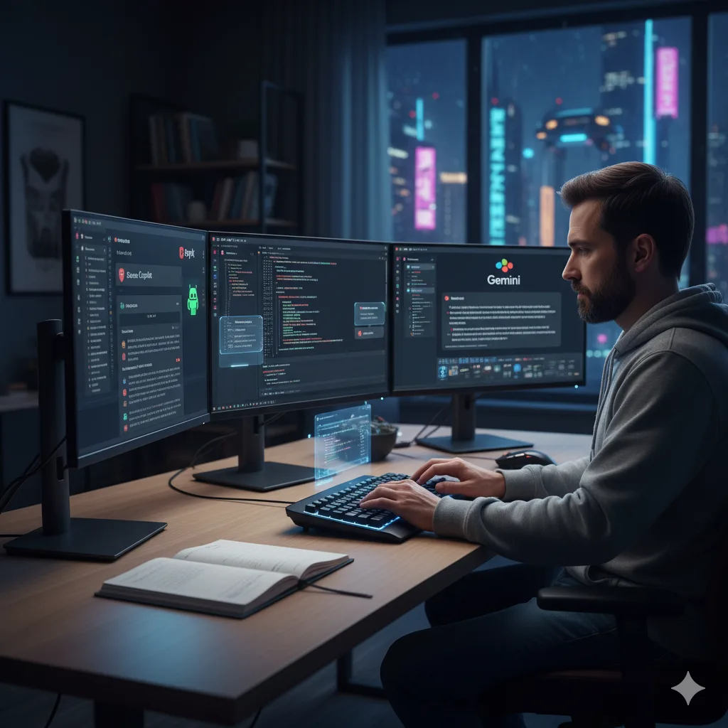 Programador con múltiples escritorios usando IA.