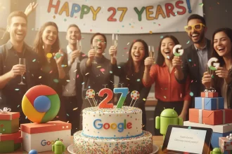 personas celebrando aniversario 27 de google
