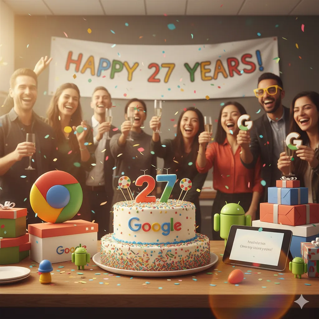 personas celebrando aniversario 27 de google