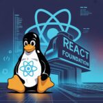 Tux sentado con el logo de react y al fondo la empresa de react foundation