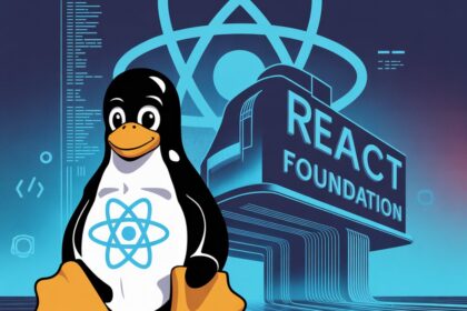 Tux sentado con el logo de react y al fondo la empresa de react foundation