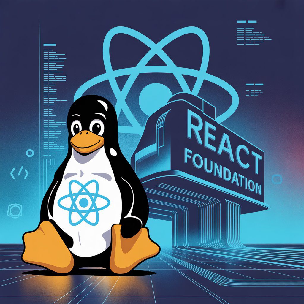 Tux sentado con el logo de react y al fondo la empresa de react foundation