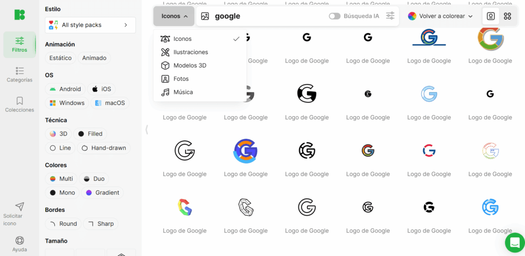Muestra de íconos de Google en Icons8.
