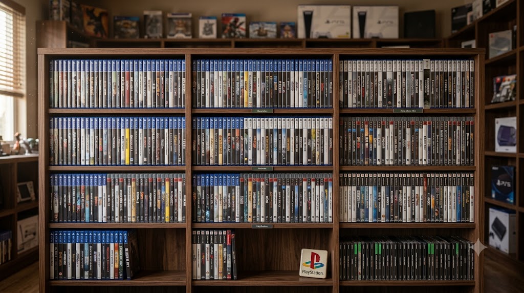 Estante lleno de juegos físicos de sony